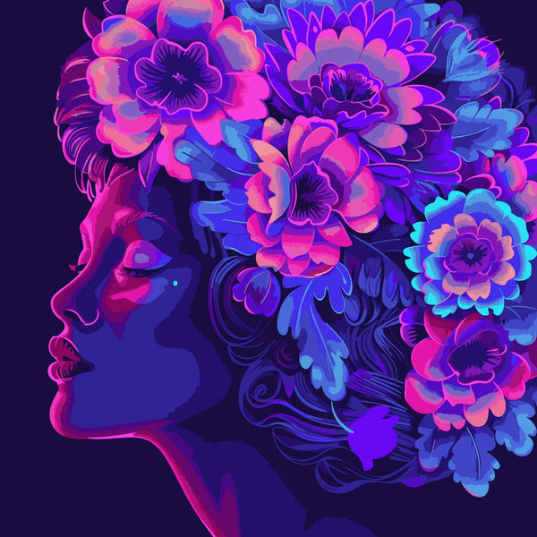 Vibrant neon portrait of a woman with glowing floral crown