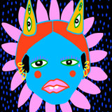 Blue flower-faced queen with petal crown, red-orange hair, and horn-like eyes on a dark patterned background – surreal and stylish paint by numbers art.