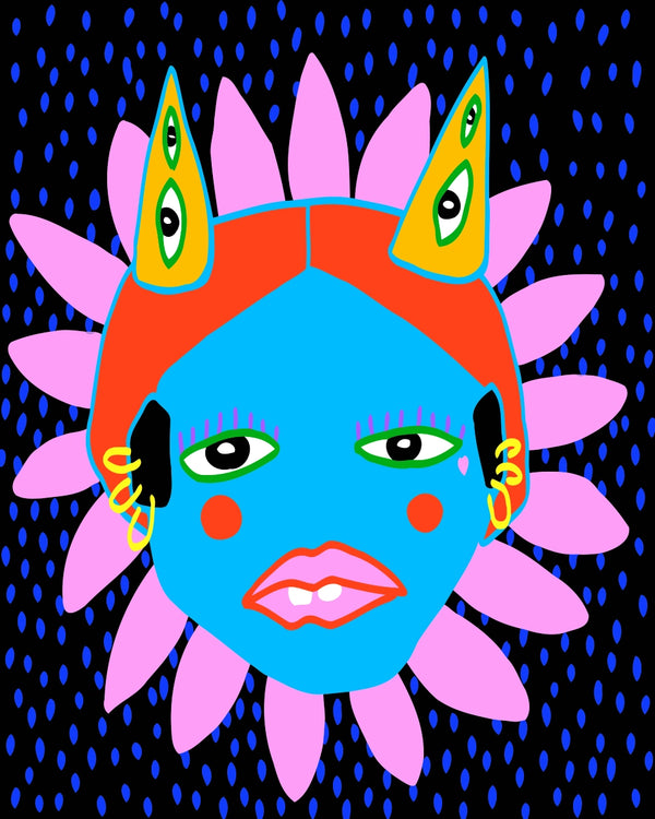 Blue flower-faced queen with petal crown, red-orange hair, and horn-like eyes on a dark patterned background – surreal and stylish paint by numbers art.