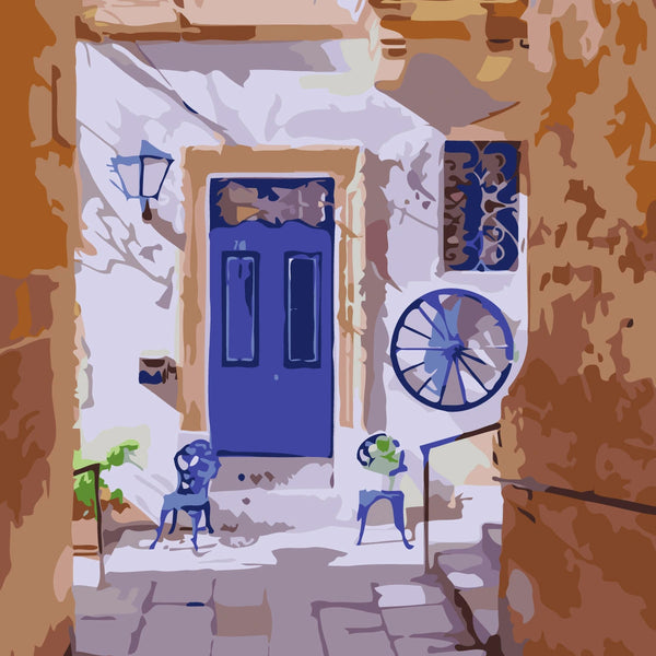 Mediterranean alley with blue door and chairs painting