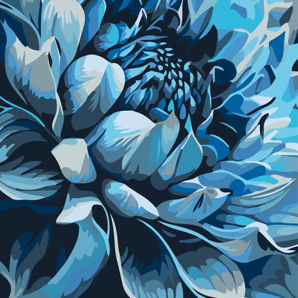 Blue floral painting with intricate petal details and dark background