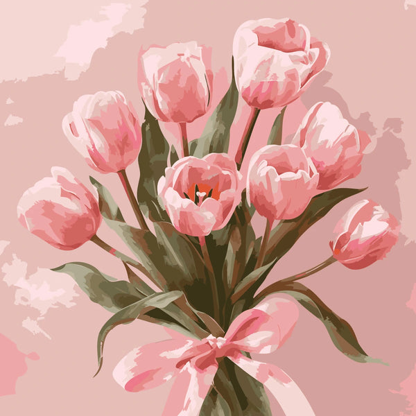 A bouquet of pink tulips tied with a delicate ribbon