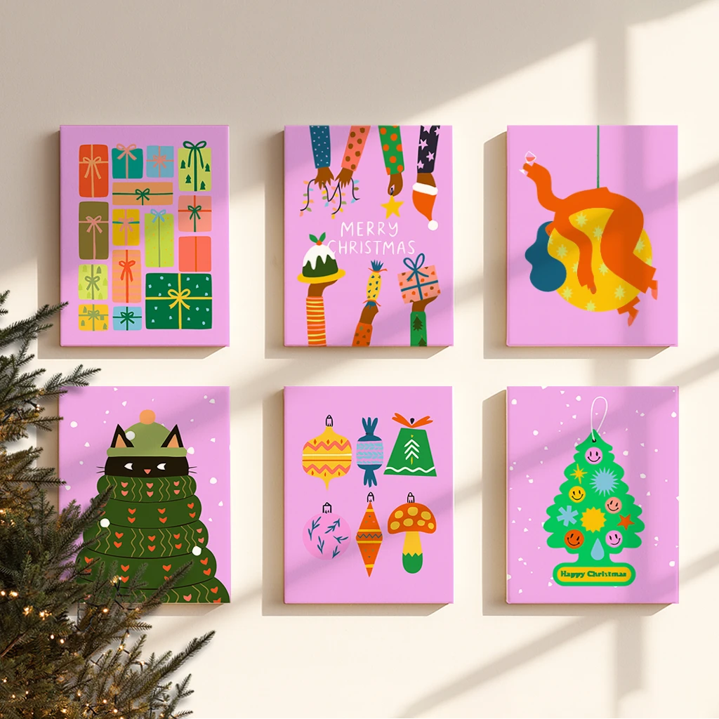 Completed Bold Holiday paint by numbers mini canvases by Artspark featuring bright, bold Christmas designs in pink and green tones.