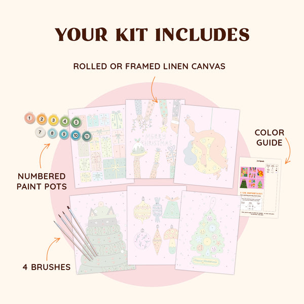 Bold Holiday paint by numbers kit by Artspark including brushes, numbered paint pots, color guide, and six festive mini canvases.
