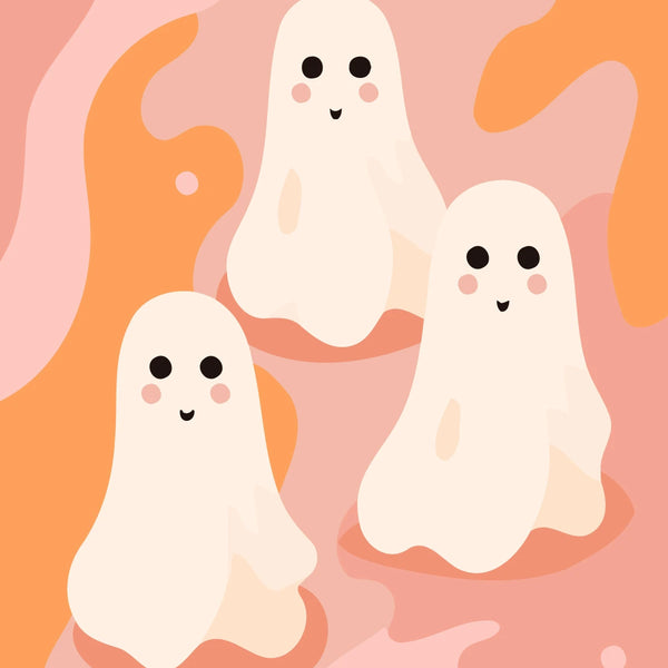 Three cute cartoon ghosts floating on a pastel abstract background.