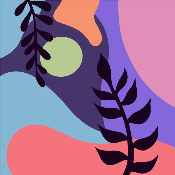 Abstract painting with colorful organic shapes and dark leafy silhouettes.