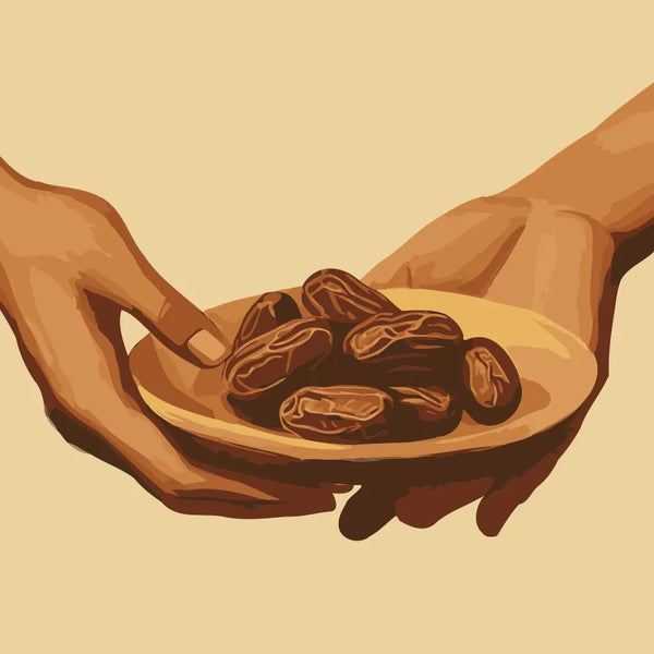 Two hands passing a plate of dates, symbolizing the Iftar tradition, featured in the Breaking the Fast paint by numbers kit.