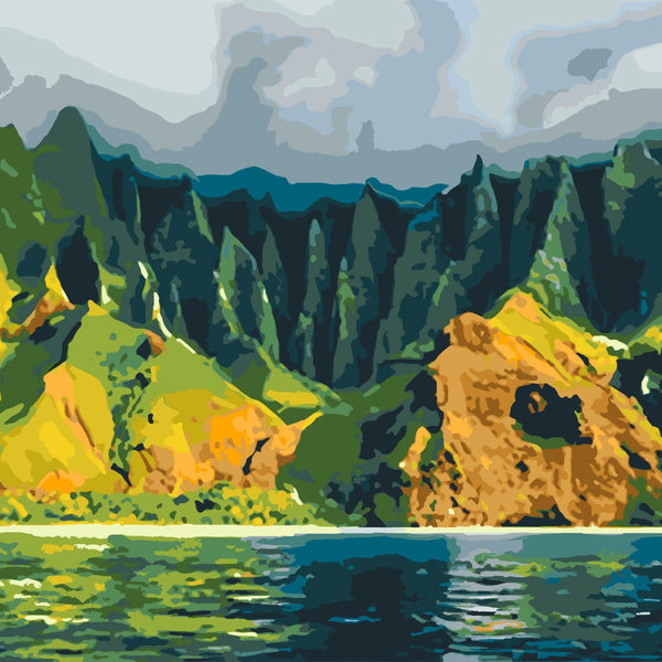 Vibrant landscape painting of mountains and ocean with reflections