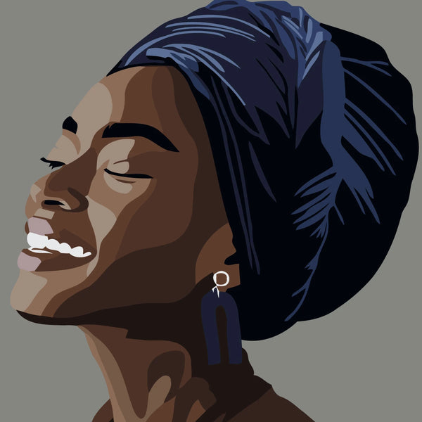 Portrait painting of a joyful woman wearing a headwrap and earrings