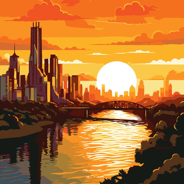 Painting of Brisbane skyline at sunset with river and bridge
