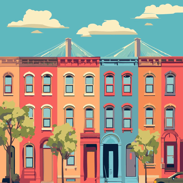 Painting of colorful Brooklyn brownstones with a bridge in background