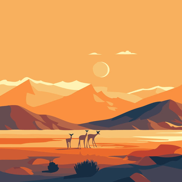 Painting of a desert landscape with mountains, deer, and a sunset
