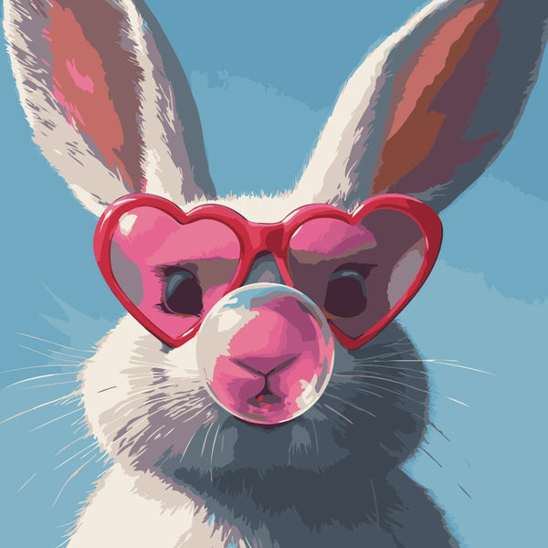 Bubble Bunny Paint by Numbers Kit featuring a trendy white rabbit with pink heart-shaped sunglasses and a bubblegum bubble.
