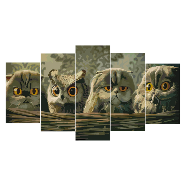 Painting of cats and an owl with intense orange eyes