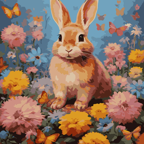 Painting of a cute rabbit sitting among colorful flowers and butterflies