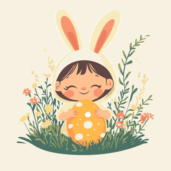 Bunny Hug Paint by Numbers Kit featuring a smiling child in bunny ears holding a polka-dotted Easter egg, surrounded by wildflowers.