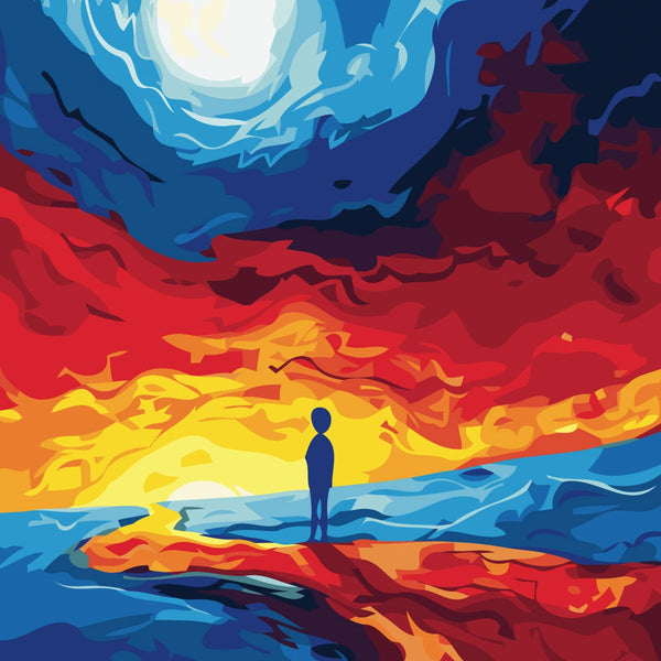 Painting of a lone figure standing under a vibrant sunset sky