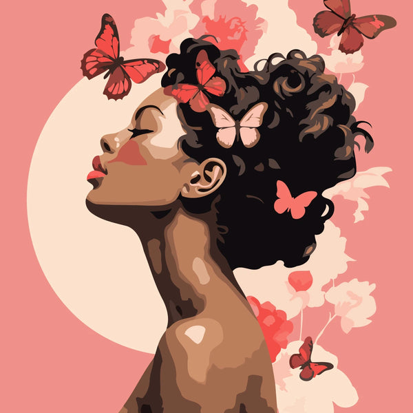 Painting of a woman with butterflies in her curly hair