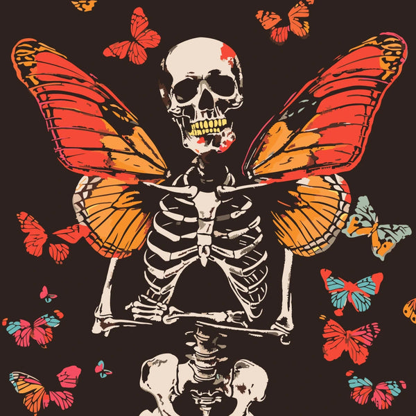 Painting of a skeleton with butterfly wings surrounded by butterflies