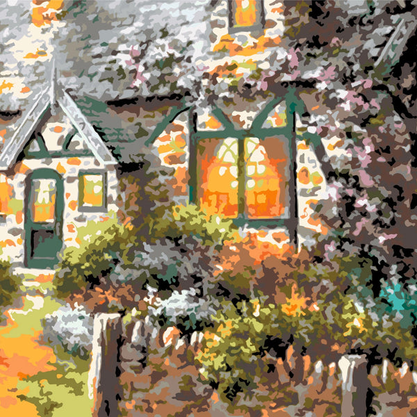 Painting of a cozy cottage with glowing windows and lush garden