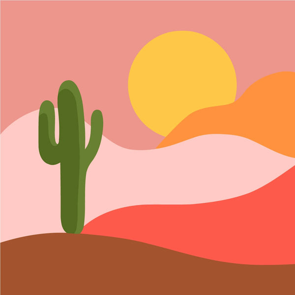 Painting of a desert landscape with a cactus and sunset