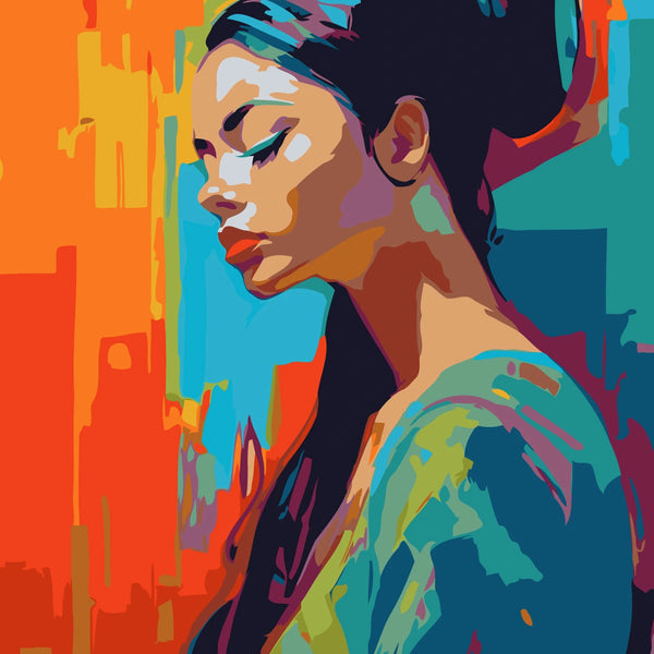 A colorful portrait of a woman with closed eyes and serene expression