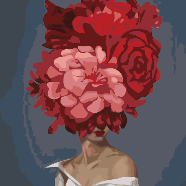 A woman with a floral headpiece covering her face stylishly