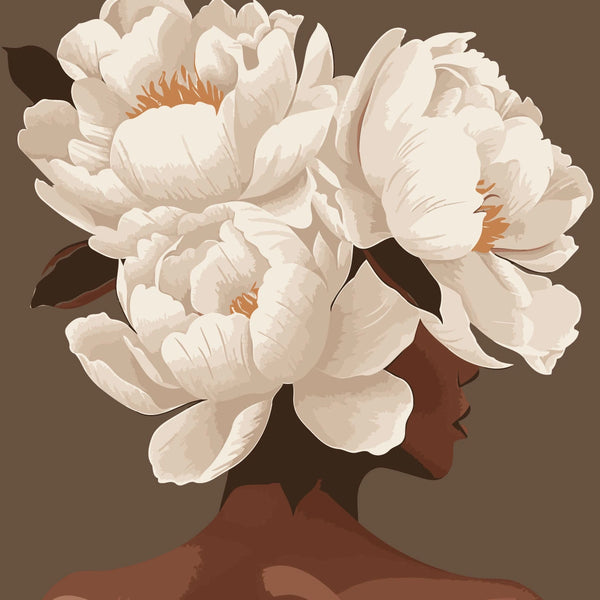 A woman with large white flowers covering her head elegantly