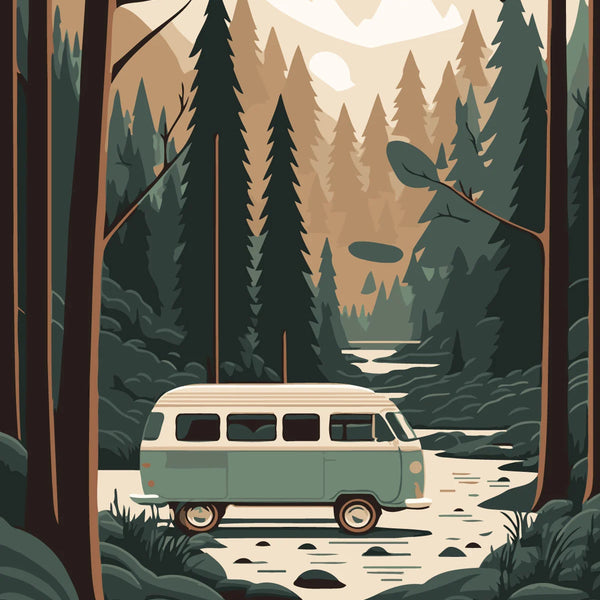 A vintage camper van parked in a scenic forest landscape