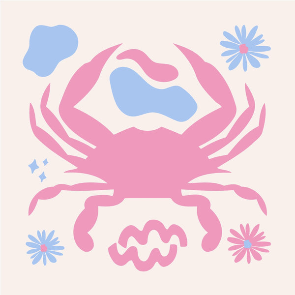 Minimalist Cancer zodiac painting with pastel crab and celestial elements