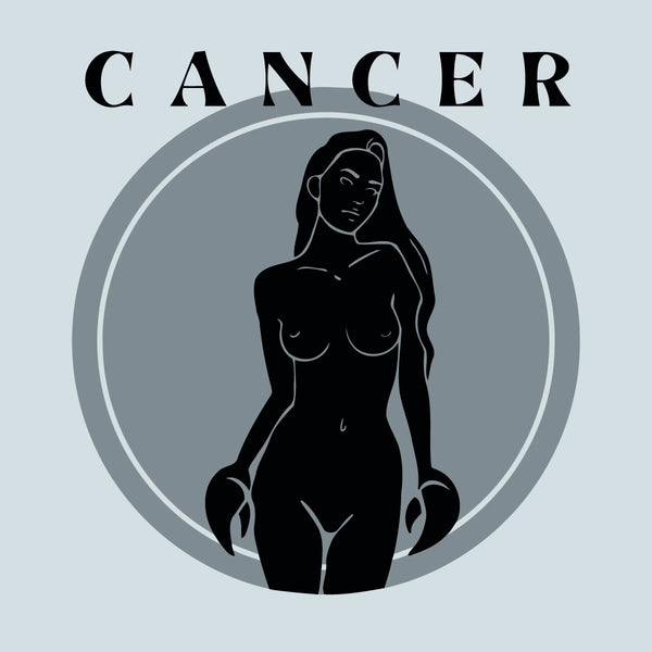Minimalist Cancer zodiac artwork featuring a woman with crab claws
