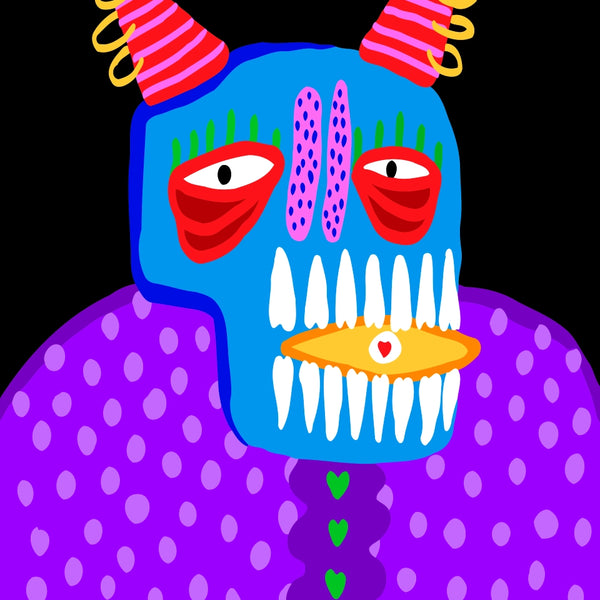 Blue demon-like skull with striped horns, red eyes, a golden eye-mouth, and polka-dot purple shirt – bold and playful paint by numbers art.