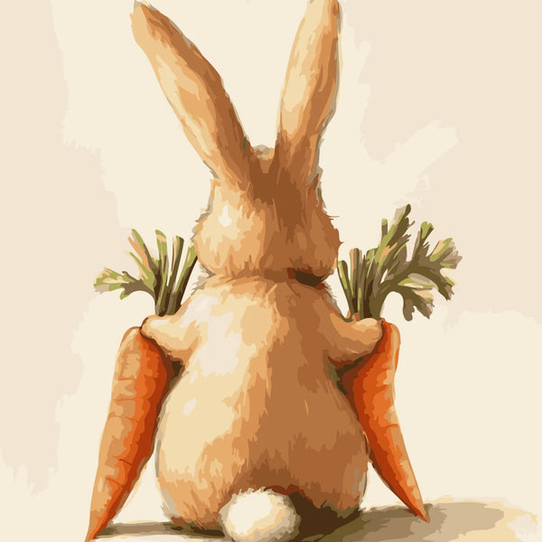 Carrot Keeper Paint by Numbers Kit featuring a fluffy bunny sitting with its back turned, holding two bright orange carrots.