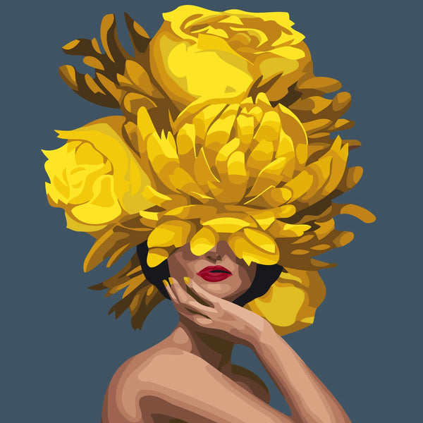 Stylized portrait of a woman with yellow floral headpiece