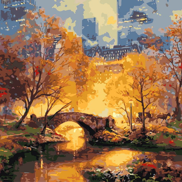 Autumn city park painting with bridge trees and glowing lights