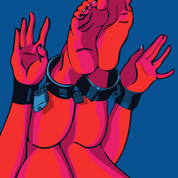 Vibrant abstract painting of red hands and feet in handcuffs