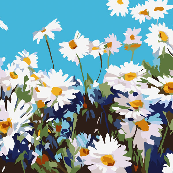 Colorful painting of white daisies with yellow centers under blue sky