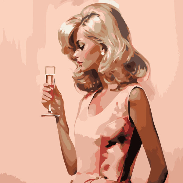 Elegant blonde woman in pink dress holding champagne glass