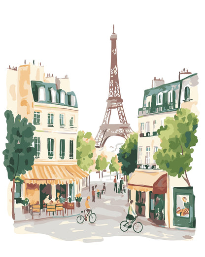 Charming Paris street scene with Eiffel Tower and café