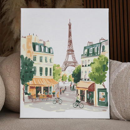 Charming Paris street scene with Eiffel Tower and café