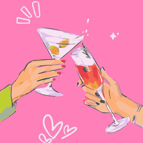 Colorful painting of two hands toasting with cocktails on pink background