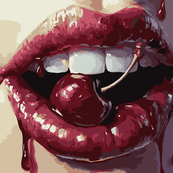 Close-up painting of glossy red lips biting a cherry