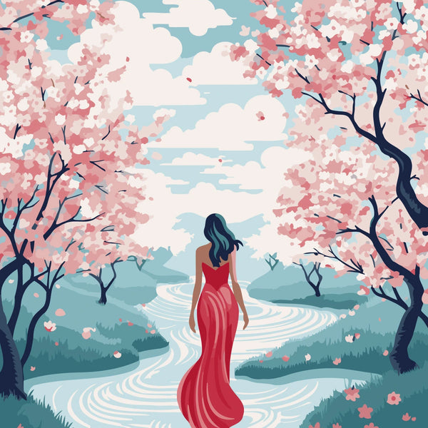 Woman in red dress walking through river surrounded by cherry blossoms