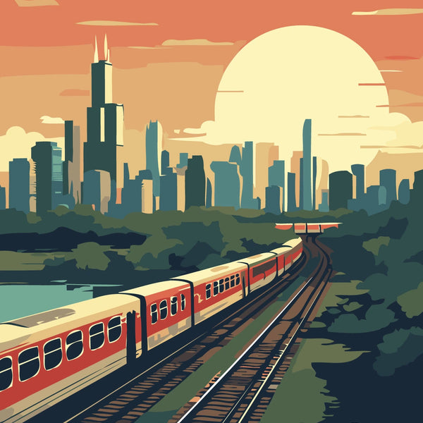 Vintage-style painting of a Chicago train with city skyline backdrop