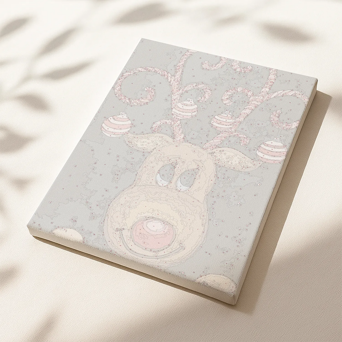 Christmas Dear paint by numbers canvas featuring a cute reindeer with candy cane antlers and ornaments.