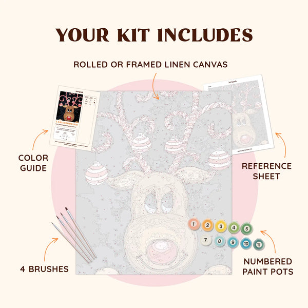 Christmas Dear paint by numbers kit including pre-numbered canvas, brushes, and paints for a festive reindeer scene.