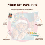 Christmas Paws paint by numbers kit including pre-numbered canvas, brushes, and paints featuring a festive leopard design.