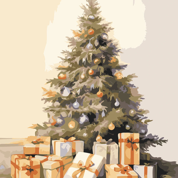 Painting of a decorated Christmas tree with presents underneath