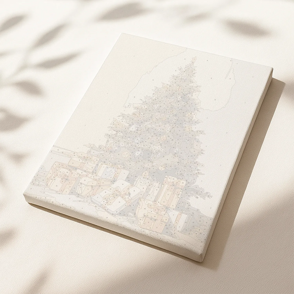Christmas Tree paint by numbers canvas featuring a decorated tree with wrapped presents beneath.
