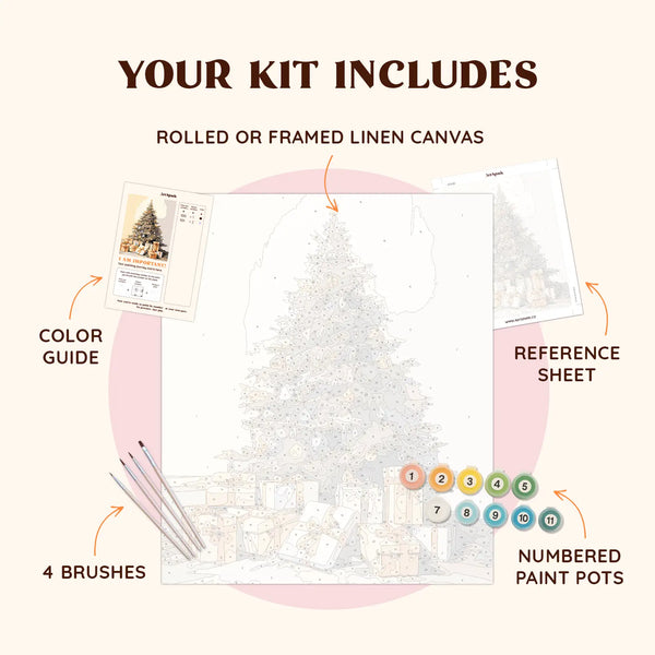 Christmas Tree paint by numbers kit including pre-numbered canvas, brushes, and paints for a festive Christmas tree scene.
